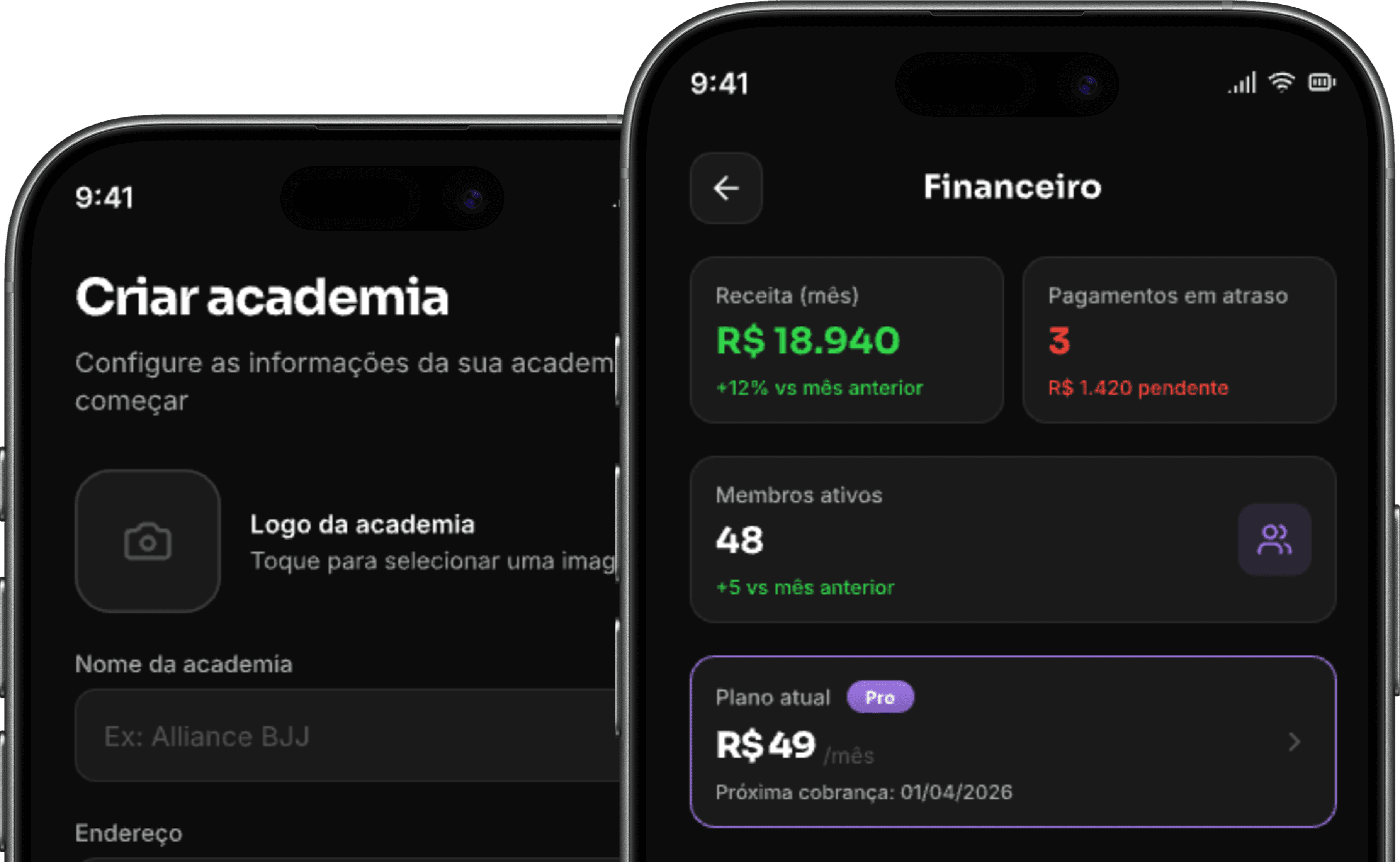Tatame app — criar academia e financeiro