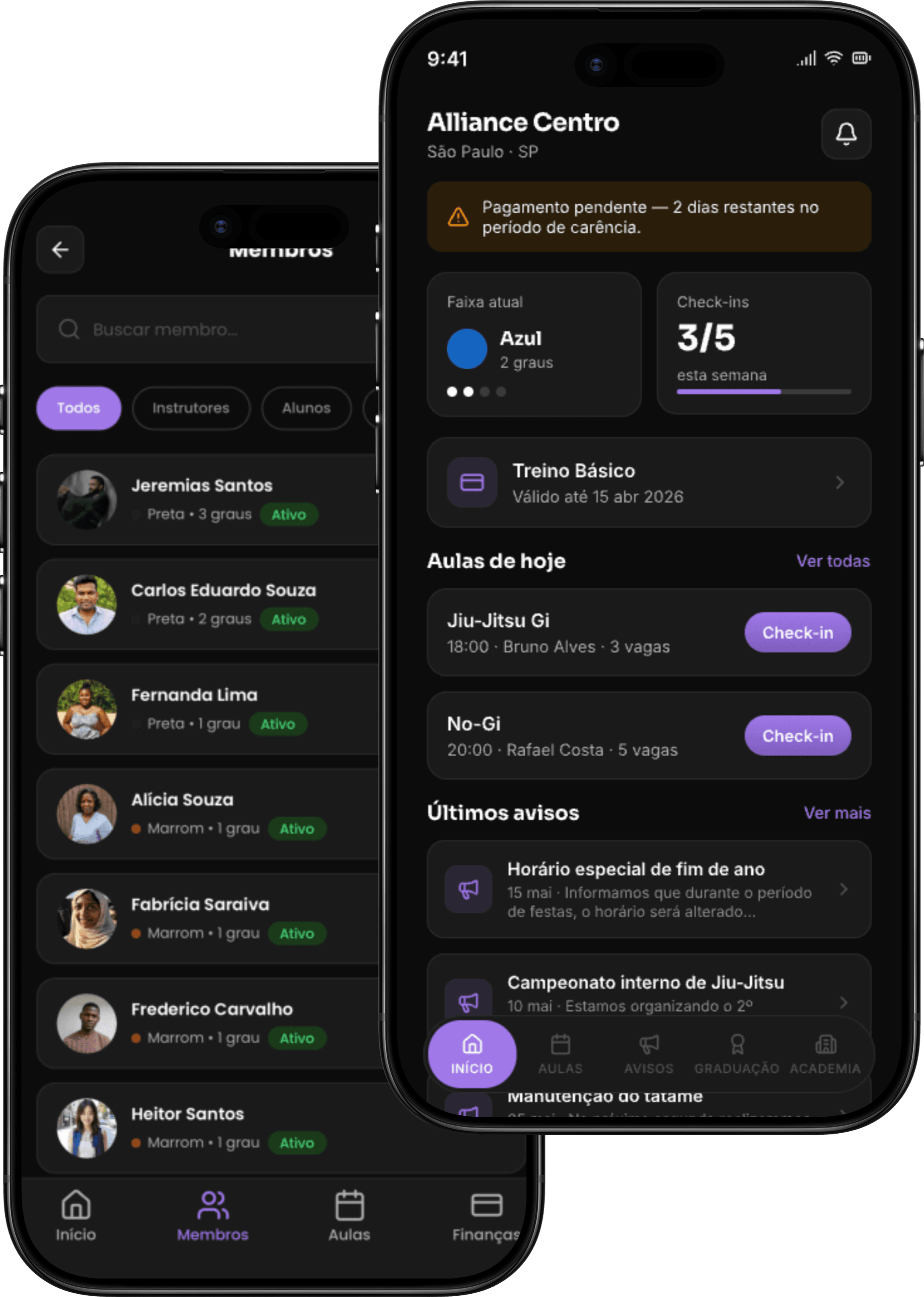 Tatame app — membros e visão do aluno