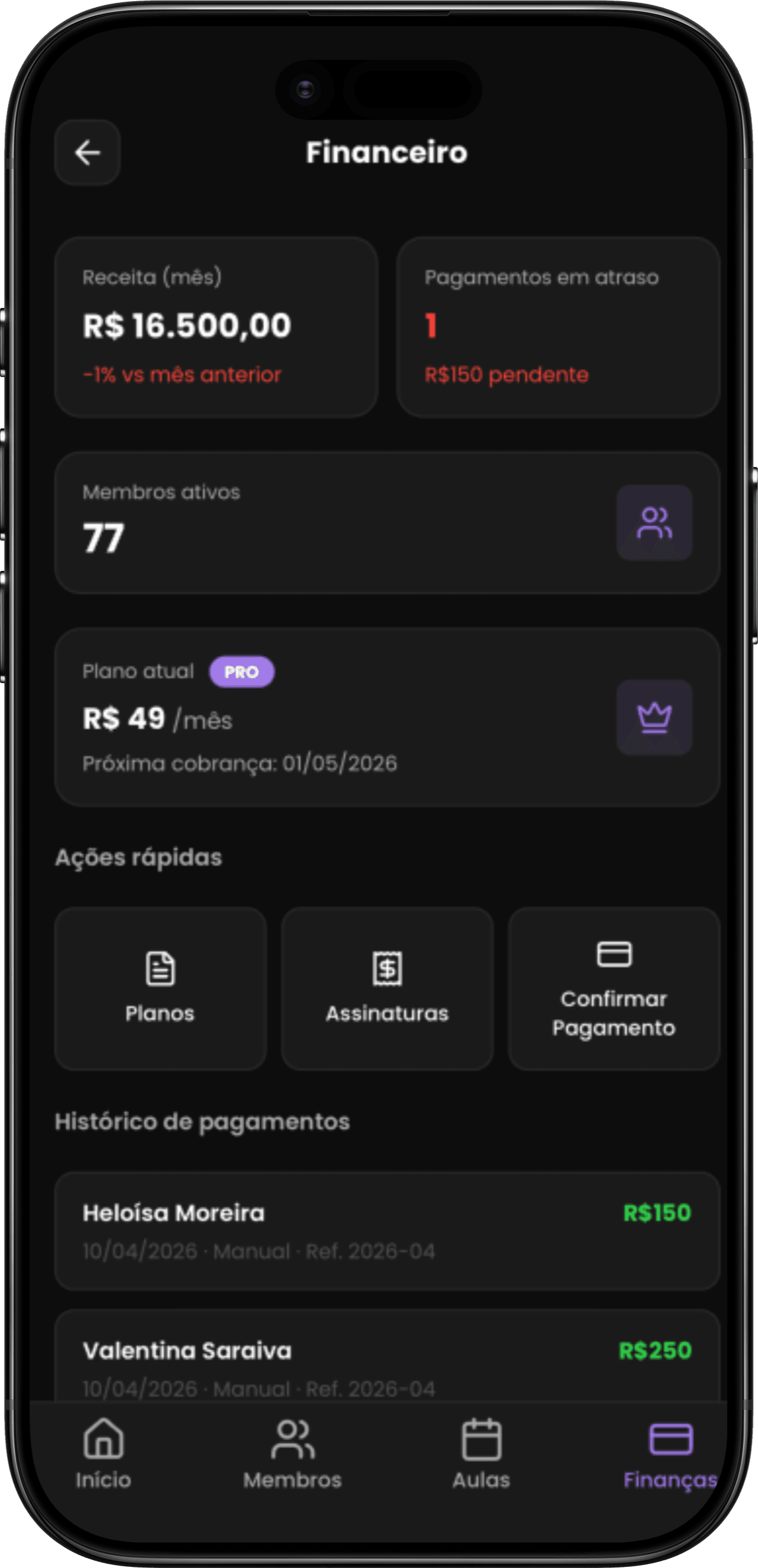 Tatame app — financeiro